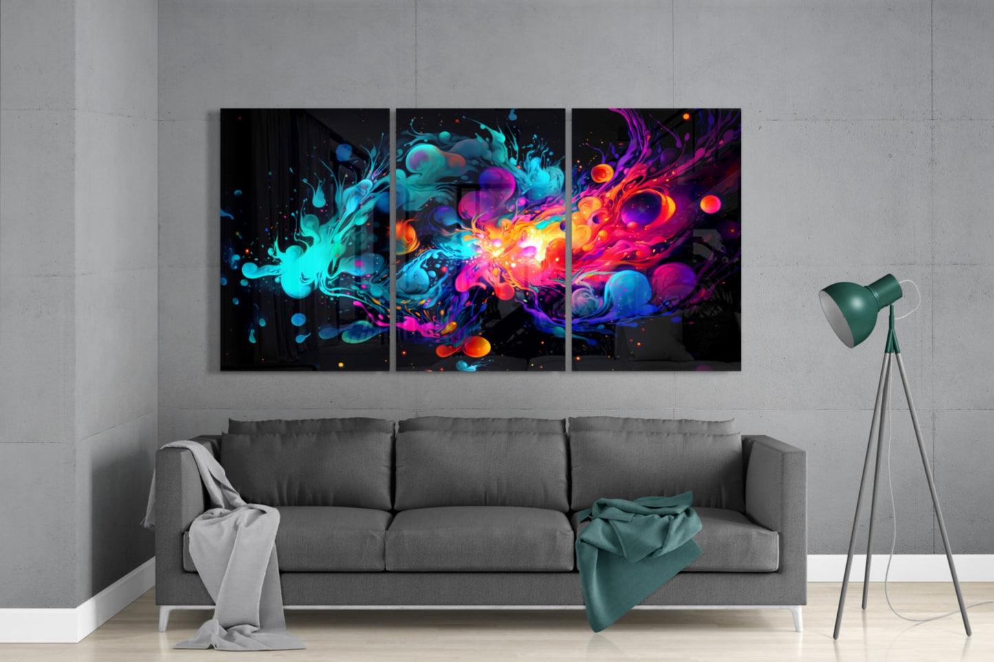 Colorful abstract wall art above a gray sofa in a living room.