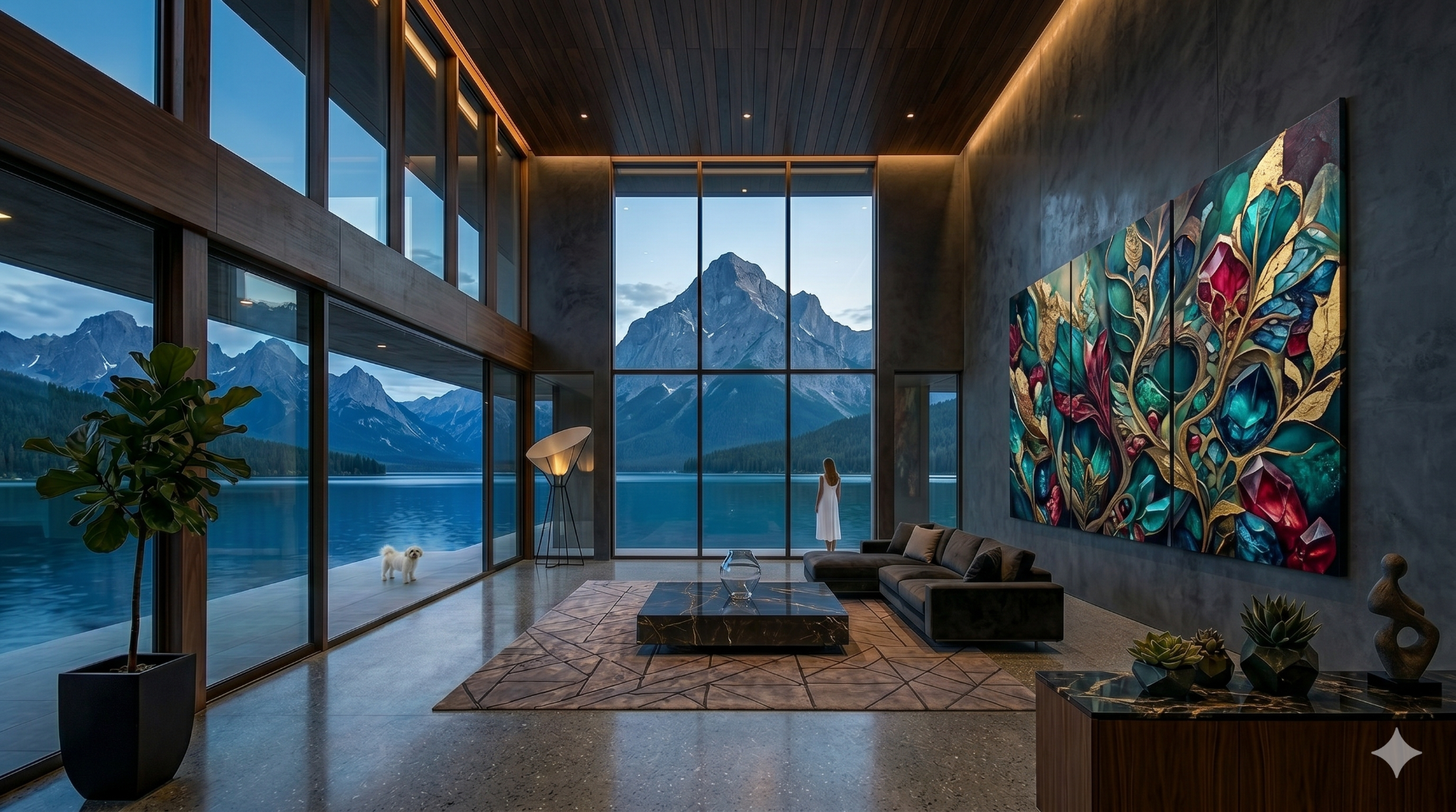 Modern living room with large windows overlooking a mountain lake, featuring a colorful abstract painting.
