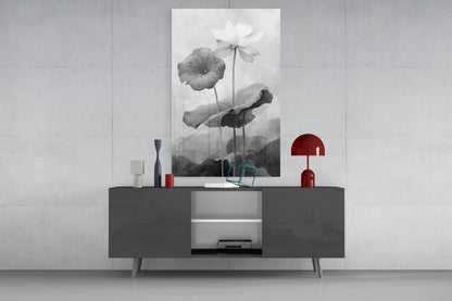 Black and White Water Lily Glass Wall Art || Designer Collection