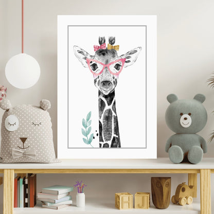 Pink Glasses Baby Giraffe Sketch Aluminum Print