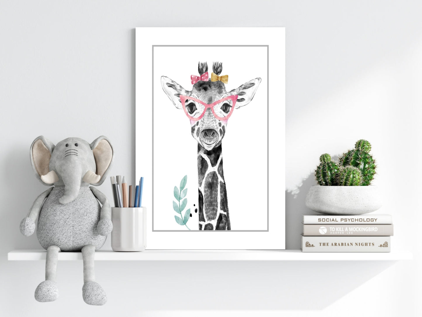 Pink Glasses Baby Giraffe Sketch Aluminum Print