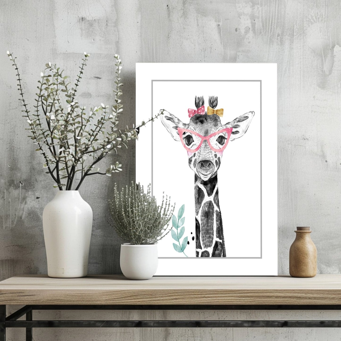 Pink Glasses Baby Giraffe Sketch Aluminum Print