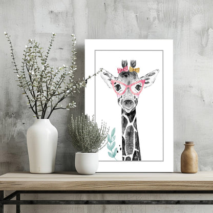 Pink Glasses Baby Giraffe Sketch Aluminum Print
