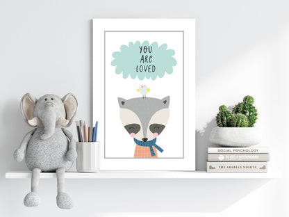 Raccoon With Bird and Mint Cloud Aluminum Print