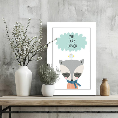 Raccoon With Bird and Mint Cloud Aluminum Print