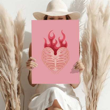 Flaming Rib Cage Heart on Pink Aluminum Print