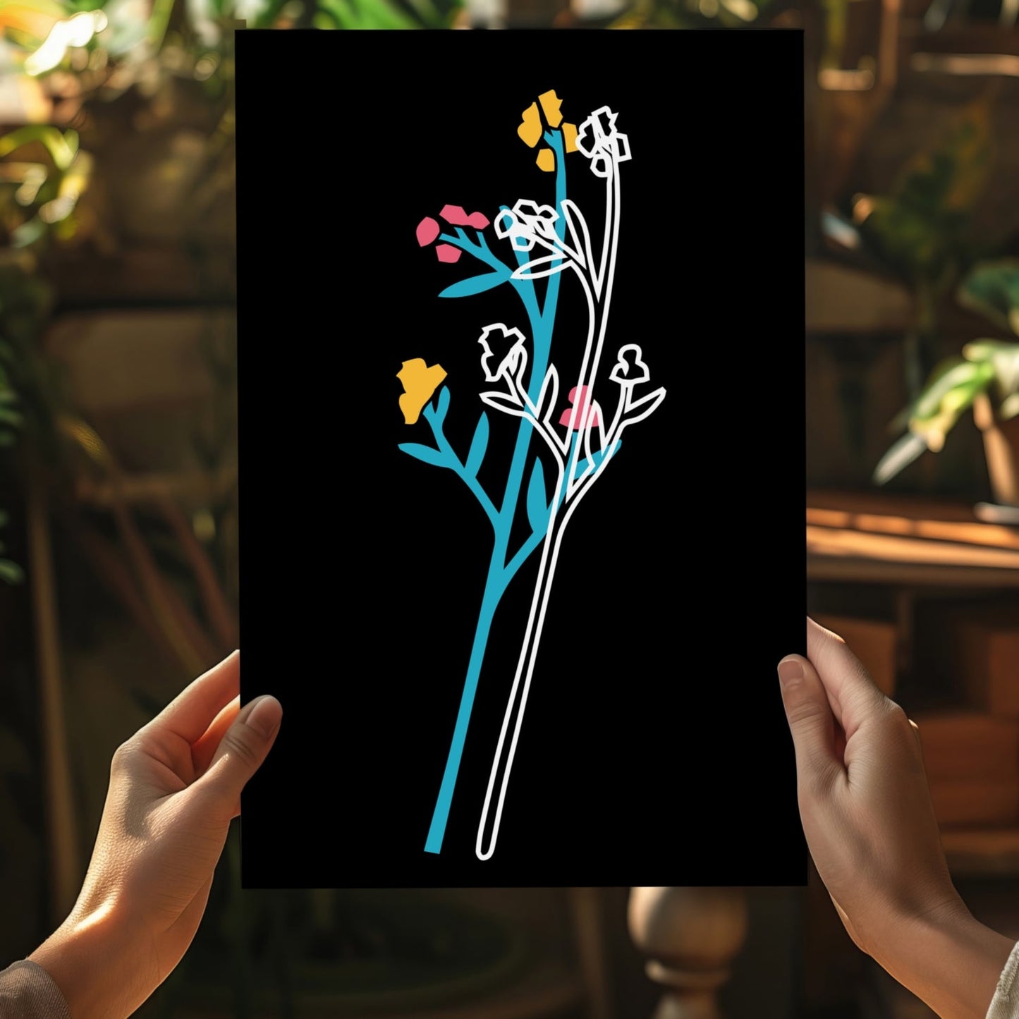 Teal Stem Wildflowers Line Art On Black Aluminum Print