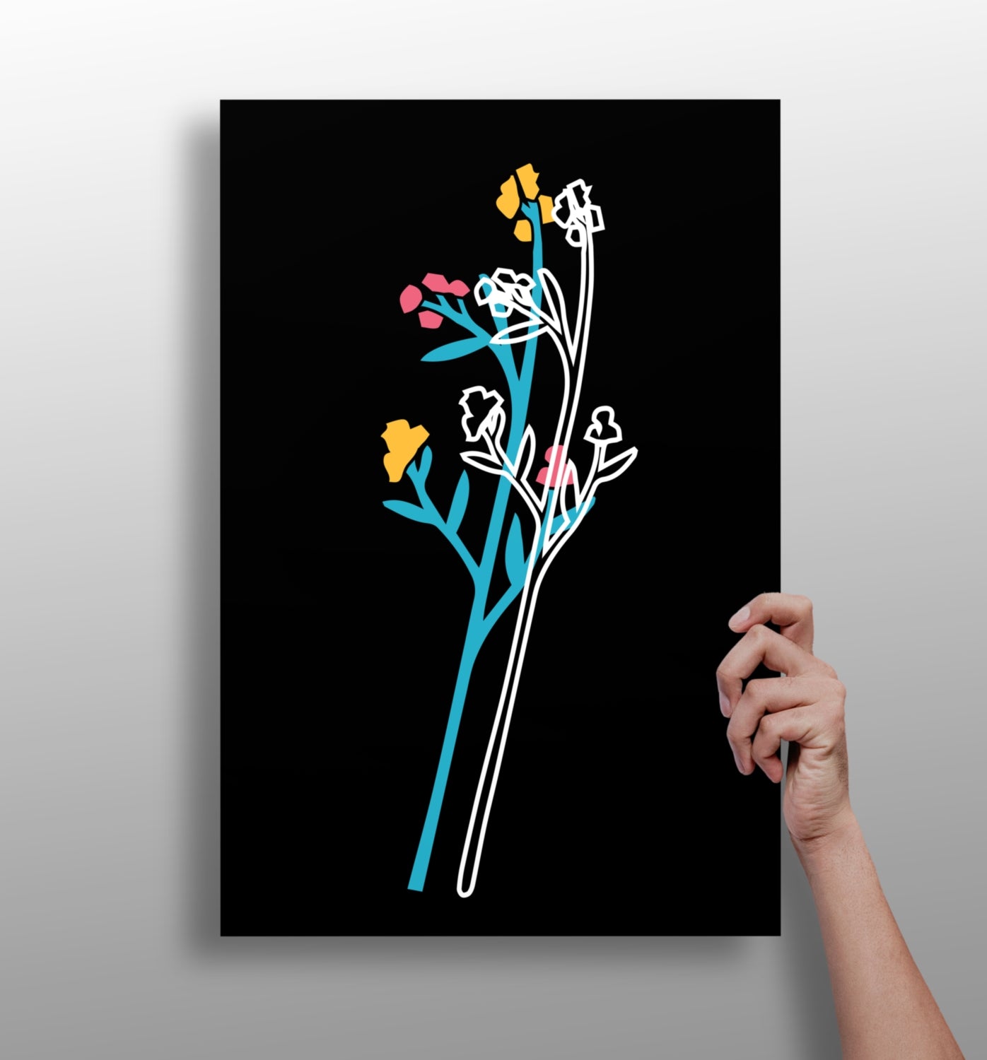 Teal Stem Wildflowers Line Art On Black Aluminum Print