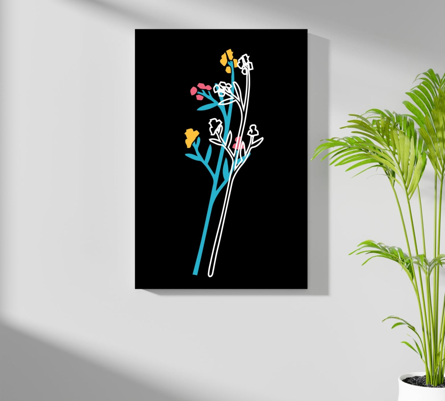 Teal Stem Wildflowers Line Art On Black Aluminum Print